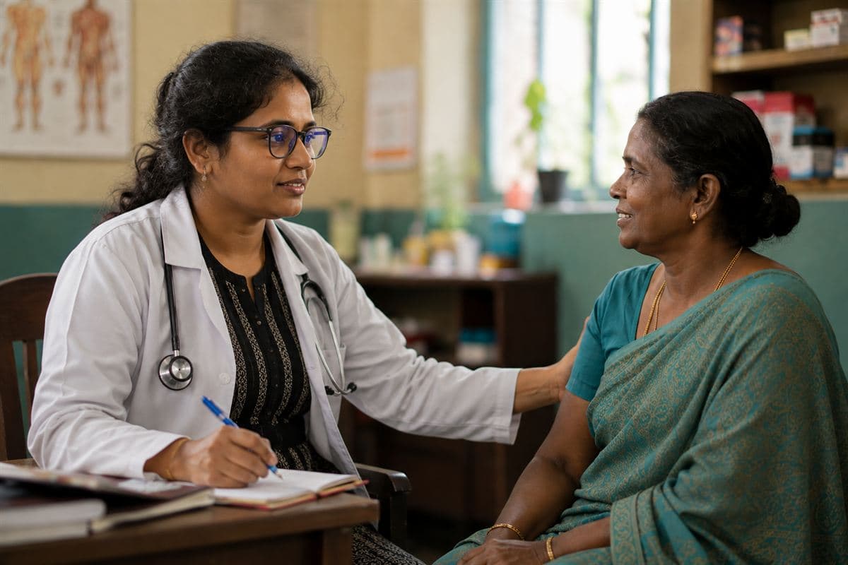 A clinician in a white coat sits with an older woman in a teal saree, a reassuring hand on her shoulder as they talk through her care plan.