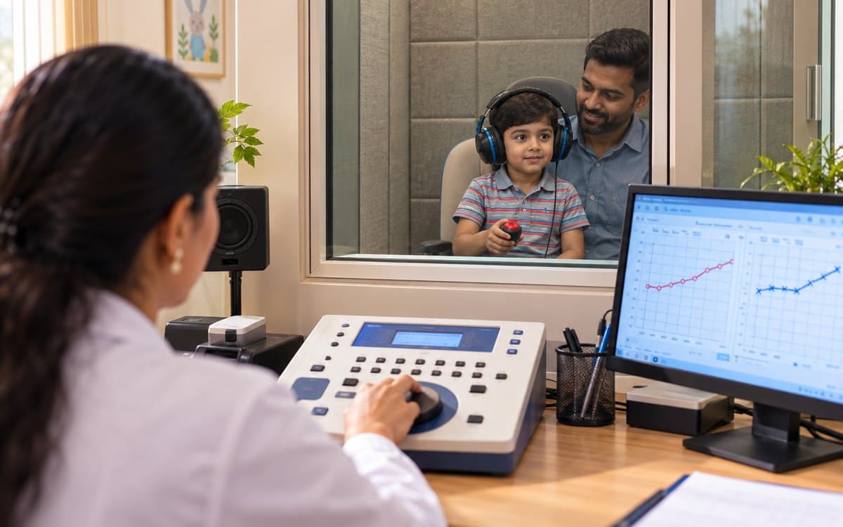 An audiologist at the audiometer console watches a boy wearing headphones and holding a response button inside the sound-treated booth, his father beside him, the audiogram plotting on her monitor.