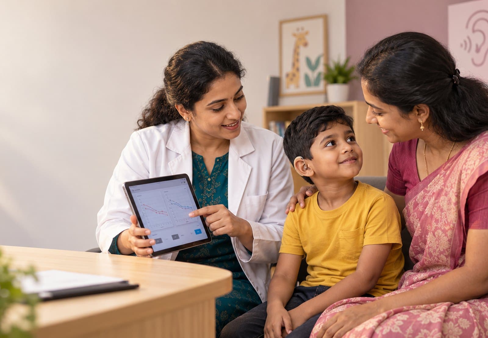 An audiologist shows a boy's audiogram on a tablet to his mother. The boy, wearing a hearing aid, sits between them and looks up at her.