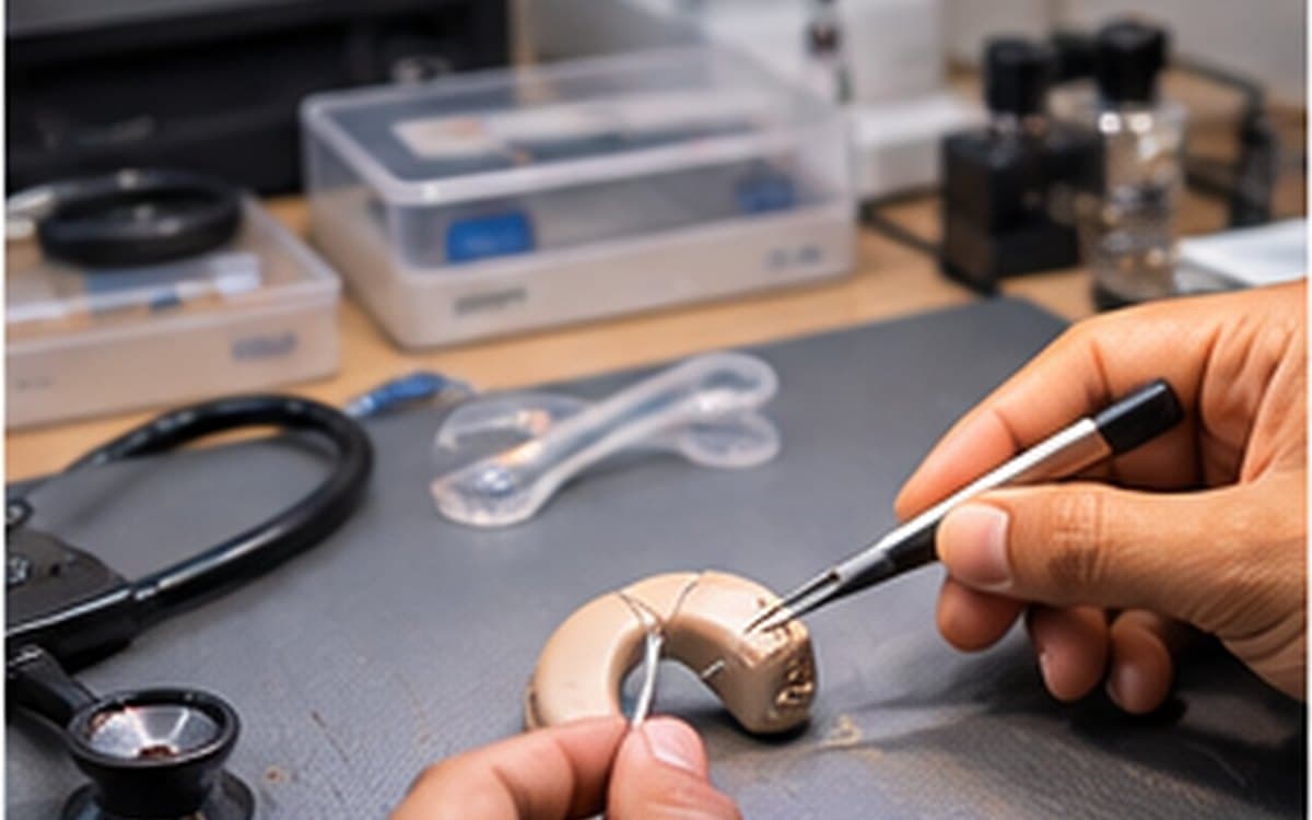 Close-up of a technician's hands using a fine tool on a behind-the-ear hearing aid at the repair bench, with a listening stethoclip and spare tubing beside it.